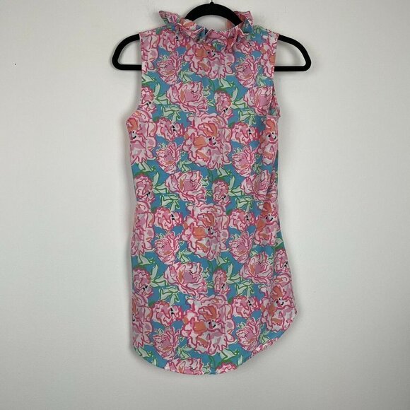 Mud Pie Shift Dress Pink Blue Floral Ruffled Neck Girls Size Small - Picture 5 of 5